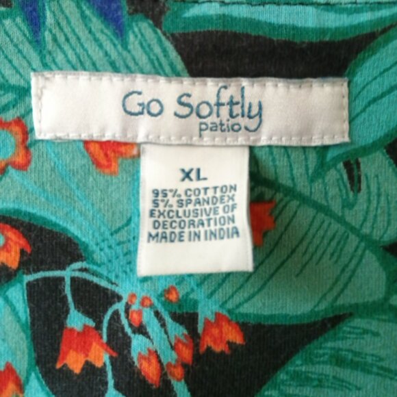 EUC: Go Softly Patio Sz XL Green Tropical Floral Embroidered House Dress Pockets - Picture 3 of 7